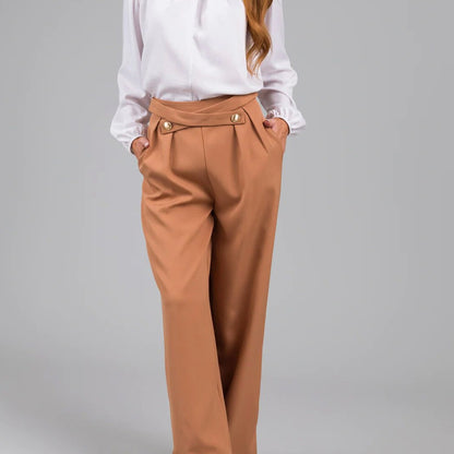 Damenhose – Weit geschnitten – Hoher Bund – Knopfdetail – Lockerer Sitz – Lang