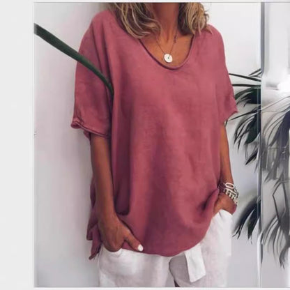 Damen T-Shirt – Linnen Baumwollmix – Lockerer Schnitt – V-Ausschnitt Kurzarm