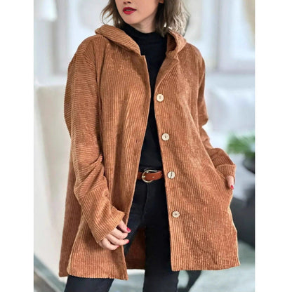 Damen Jacke mit Kapuze – Cordoptik – Oversized Fit – Mittellang – Knopfverschluss