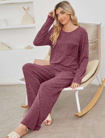Damen Lounge Set – Strickdesign – Gerippte Struktur – Lockerer Schnitt – Langarmtop und Hose