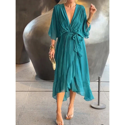 Damen Maxikleid – Lockerer Schnitt – Batwing Ärmel – Taillengürtel – Asymmetrischer Saum