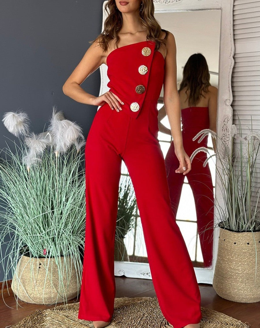 Damen Jumpsuit – One-Shoulder Design – Slim Fit Oberteil – Weites Bein – Knopfdetails
