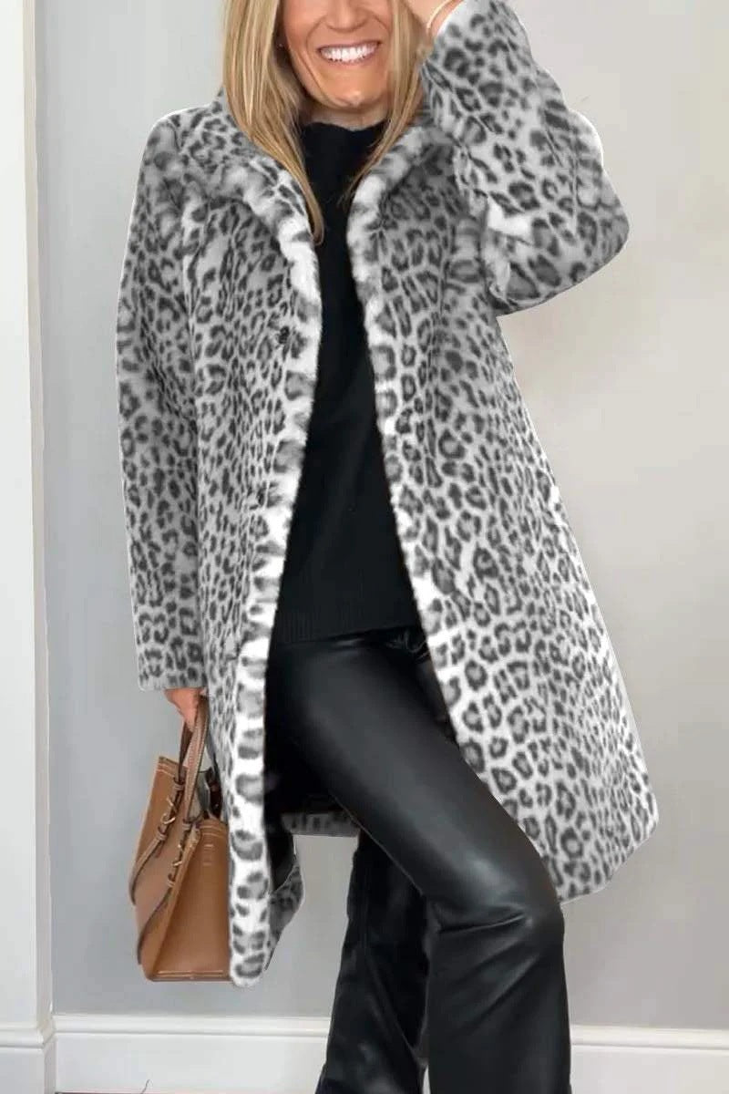 Damen Mantel – Kunstfell – Oversize Passform – Reverskragen – Leopardenmuster