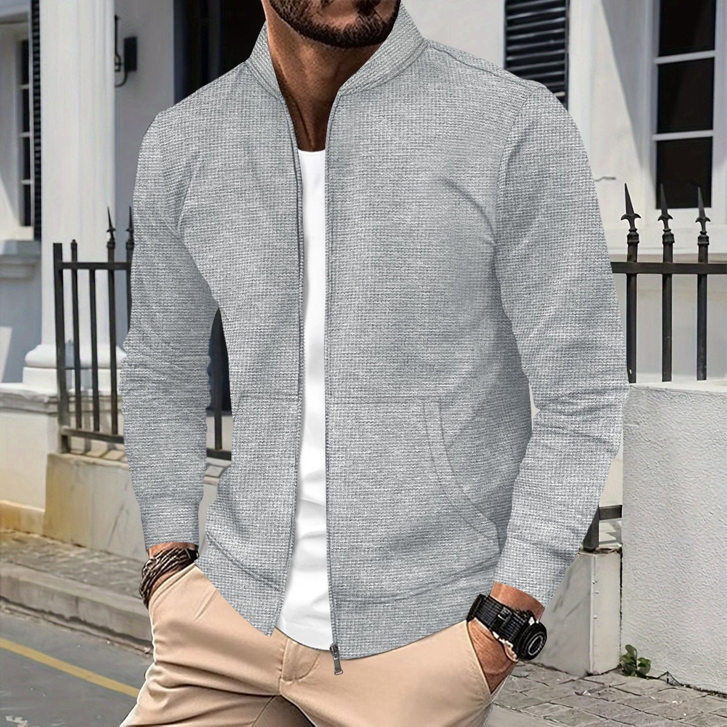 Herren Zip Jacke – Athletischer Schnitt – Strukturierter Stoff – Rippdetails – Taschen