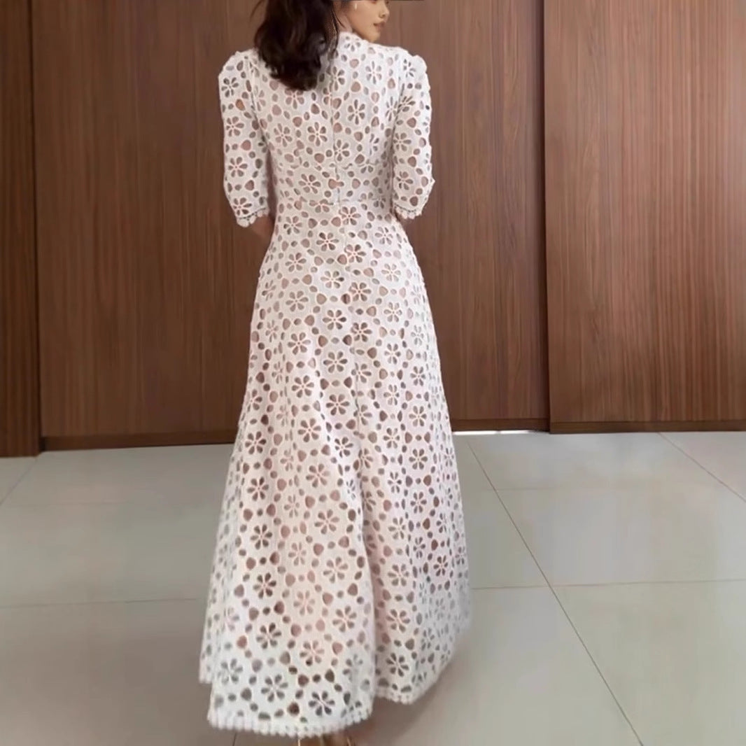 Women’s Maxi Dress - Elegant Lace - A-Line Silhouette - V-Neck - Mid Sleeve Formal Wear