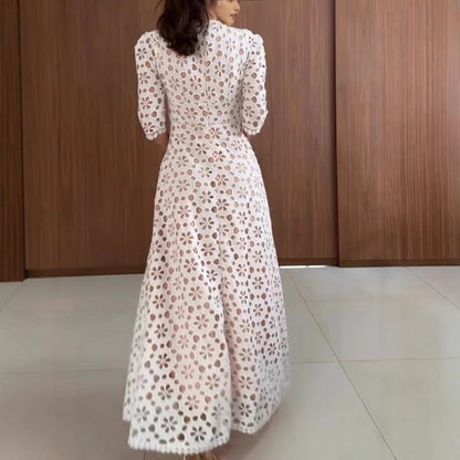 Women’s Maxi Dress - Elegant Lace - A-Line Silhouette - V-Neck - Mid Sleeve Formal Wear