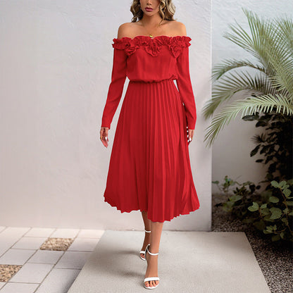 Damen Kleid – Off-Shoulder – Rüschenkragen – Plissierter Rock – Eleganter Schnitt