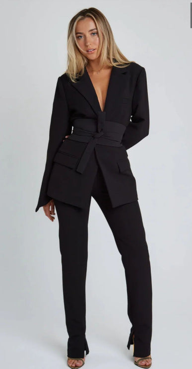 Damen Blazer – Longline Schnitt – Tailliert – Bindegürtel – Eleganter Reverskragen