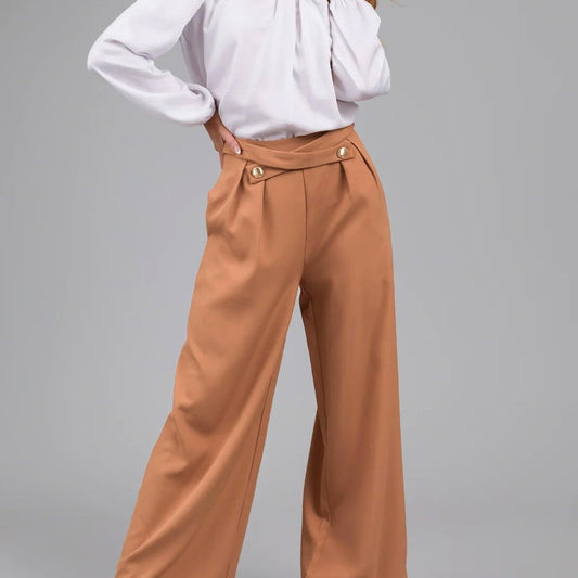 Damenhose – Weit geschnitten – Hoher Bund – Knopfdetail – Lockerer Sitz – Lang
