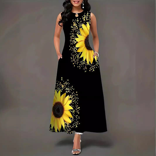 Damen Maxikleid – Ärmellos – Lockerer Schnitt – Sunflower Print – Rundhals – Baumwollmix