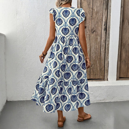 Damen Maxikleid – Lockere Passform – Tiefer V-Ausschnitt – Volants – Blumenmuster
