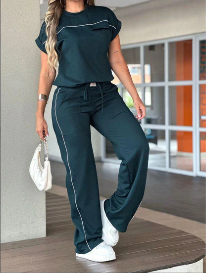 Damen Zweiteiler Set – Boxy Crop Top – Fließende Hose – Baumwollmix Casual Look