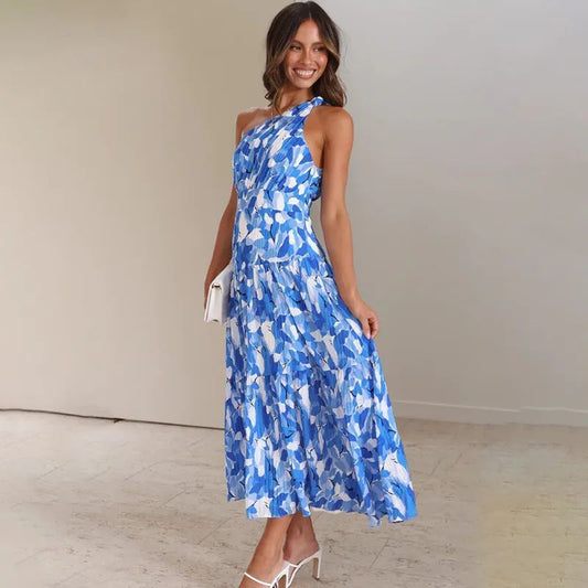 Damen Maxikleid – One Shoulder – A-Linie – Ärmellos – Bedruckt – Atmungsaktives Gewebe