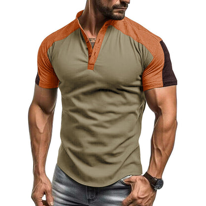 Herren Kurzarmhemd – Slim Fit – Atmungsaktiv – Kragenloses Design – Kontrastdetails