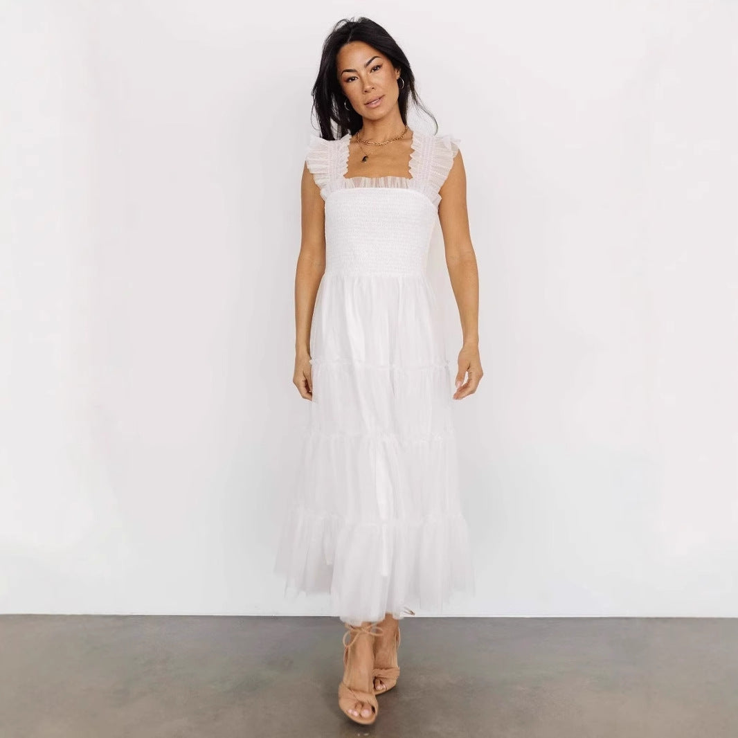 Damen Midikleid – Smock-Oberteil – Stufiger Meshrock – Ärmellos mit Rüschen
