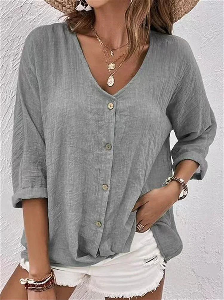 Damen Bluse – Linnen – Lockerer Schnitt – V-Ausschnitt – Knopfleiste – 3/4 Ärmel