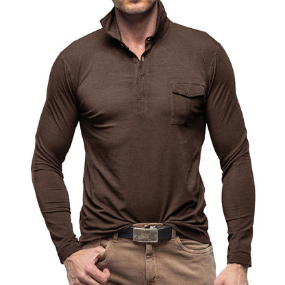 Herren Henley Langarmshirt – Regular Fit – Cotton – Stehkragen – Brusttasche