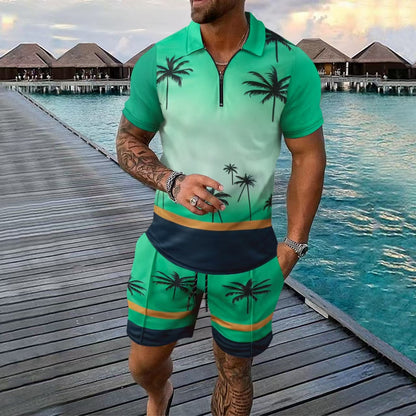 Herren Sportset – Slim Fit – Atmungsaktives Material – Zipkragen – Tropisches Muster