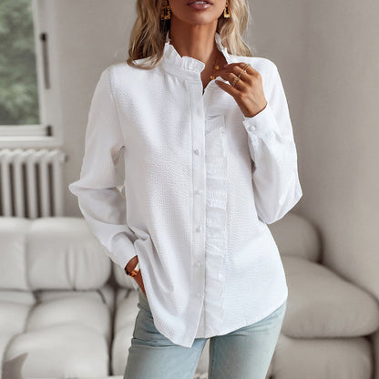 Damen Bluse – Lockerer Schnitt – Texturiertes Material – Langarm – Knopfleiste mit Rüschen