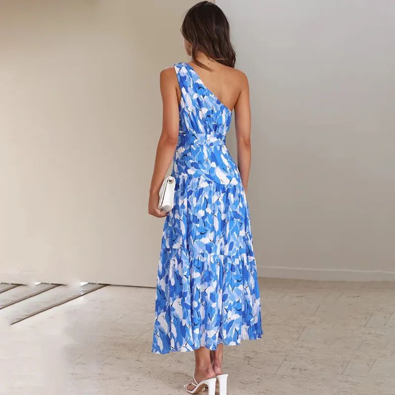 Damen Maxikleid – One Shoulder – A-Linie – Ärmellos – Bedruckt – Atmungsaktives Gewebe