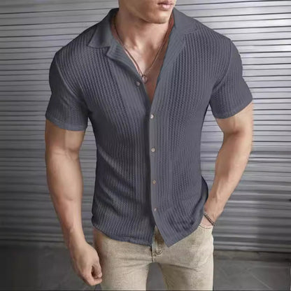 Herren T-Shirt – Slim Fit – Waffelstrick – Knopfleiste – Kurzarm mit Kragen