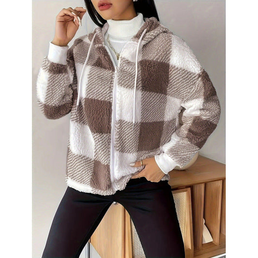 Damen Cardigan Jacke – Flauschig – Karo Muster – Kapuze mit Kordelzug – Lockerer Schnitt
