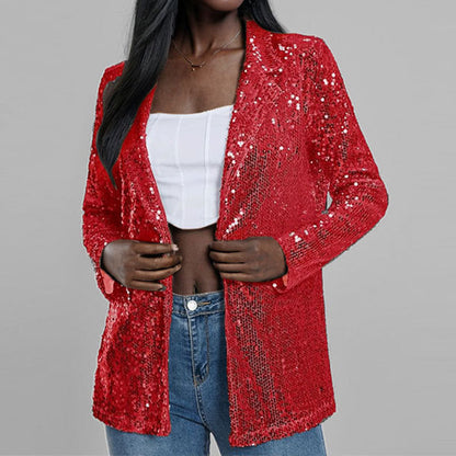 Damen Blazer – Taillierter Schnitt – Paillettenstoff – Offene Front – Lange Ärmel