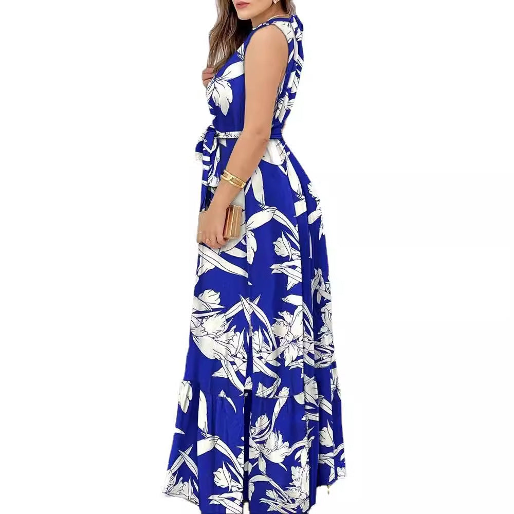 Damen Maxikleid – Halterneck – Blumenmuster – Rüschen-Saum – Taillenbindung – Elegante Passform