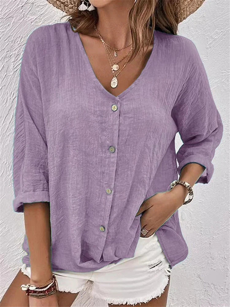 Damen Bluse – Linnen – Lockerer Schnitt – V-Ausschnitt – Knopfleiste – 3/4 Ärmel