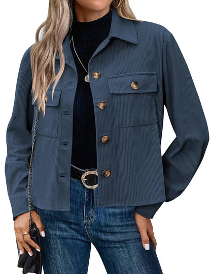 Damen Utility-Jacke – Lockere Passform – Gerippte Struktur – Knopfleiste – Brusttaschen