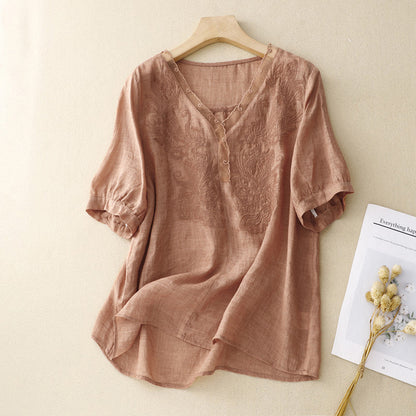 Damen Kurzarm Bluse – Lockere Passform – V-Ausschnitt – Bestickt – Atmungsaktiv