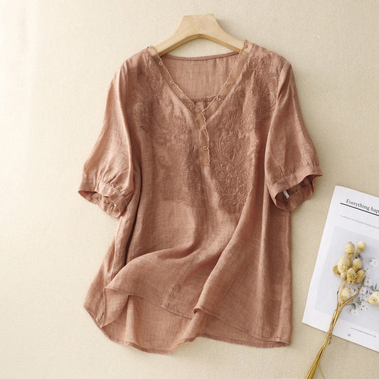 Damen Kurzarm Bluse – Lockere Passform – V-Ausschnitt – Bestickt – Atmungsaktiv