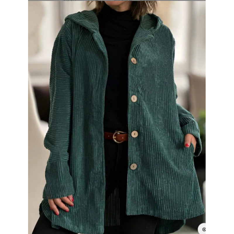 Damen Jacke mit Kapuze – Cordoptik – Oversized Fit – Mittellang – Knopfverschluss