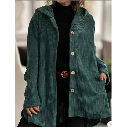 Damen Jacke mit Kapuze – Cordoptik – Oversized Fit – Mittellang – Knopfverschluss