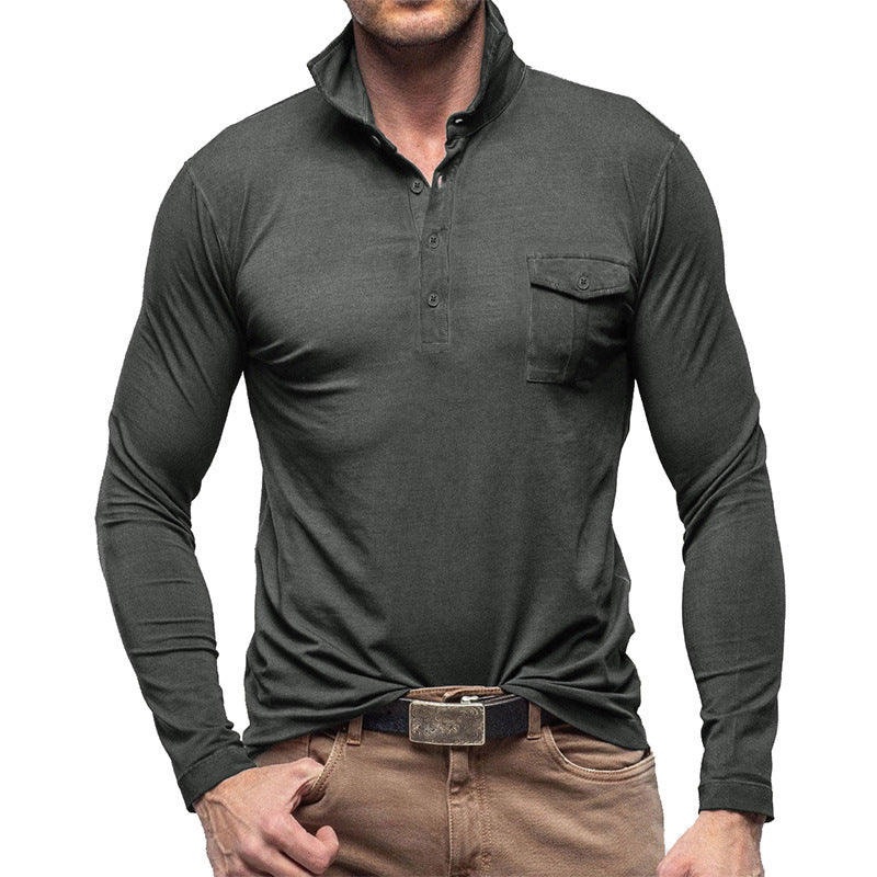 Herren Langarm Henley Polohemd – Baumwolle – Stehkragen – Brusttasche – Lockerer Schnitt