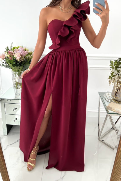 Damen Abendkleid – One-Shoulder mit Rüschen – Fließender Schnitt – Hoher Schlitz