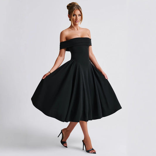 Damen Midikleid – Off Shoulder – A-Linien-Schnitt – Eleganter Look – Luxusstoff