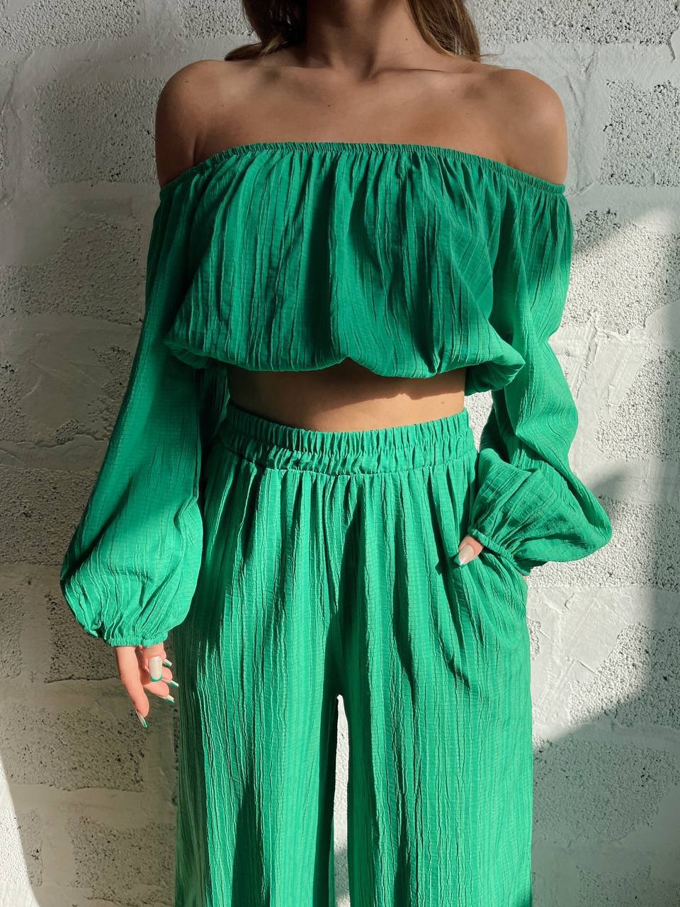 Damen Zweiteiler Set – Off Shoulder Crop Top – Weit Beinschnitt – Elastischer Bund