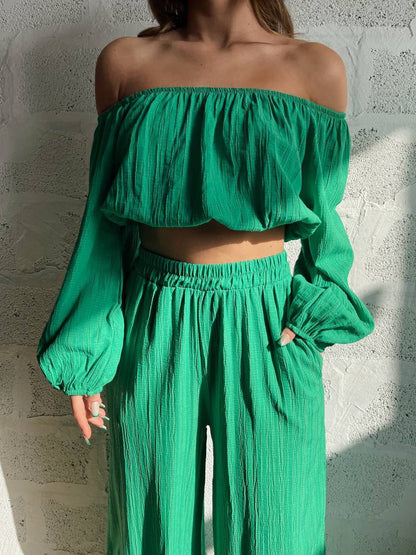 Damen Zweiteiler Set – Off Shoulder Crop Top – Weit Beinschnitt – Elastischer Bund