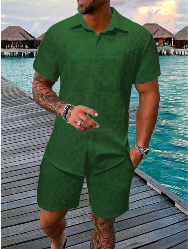 Herren Zweiteiler Set – Relaxed Fit – Jacquard Textur – Naturfasern – Kurzarm Hemd