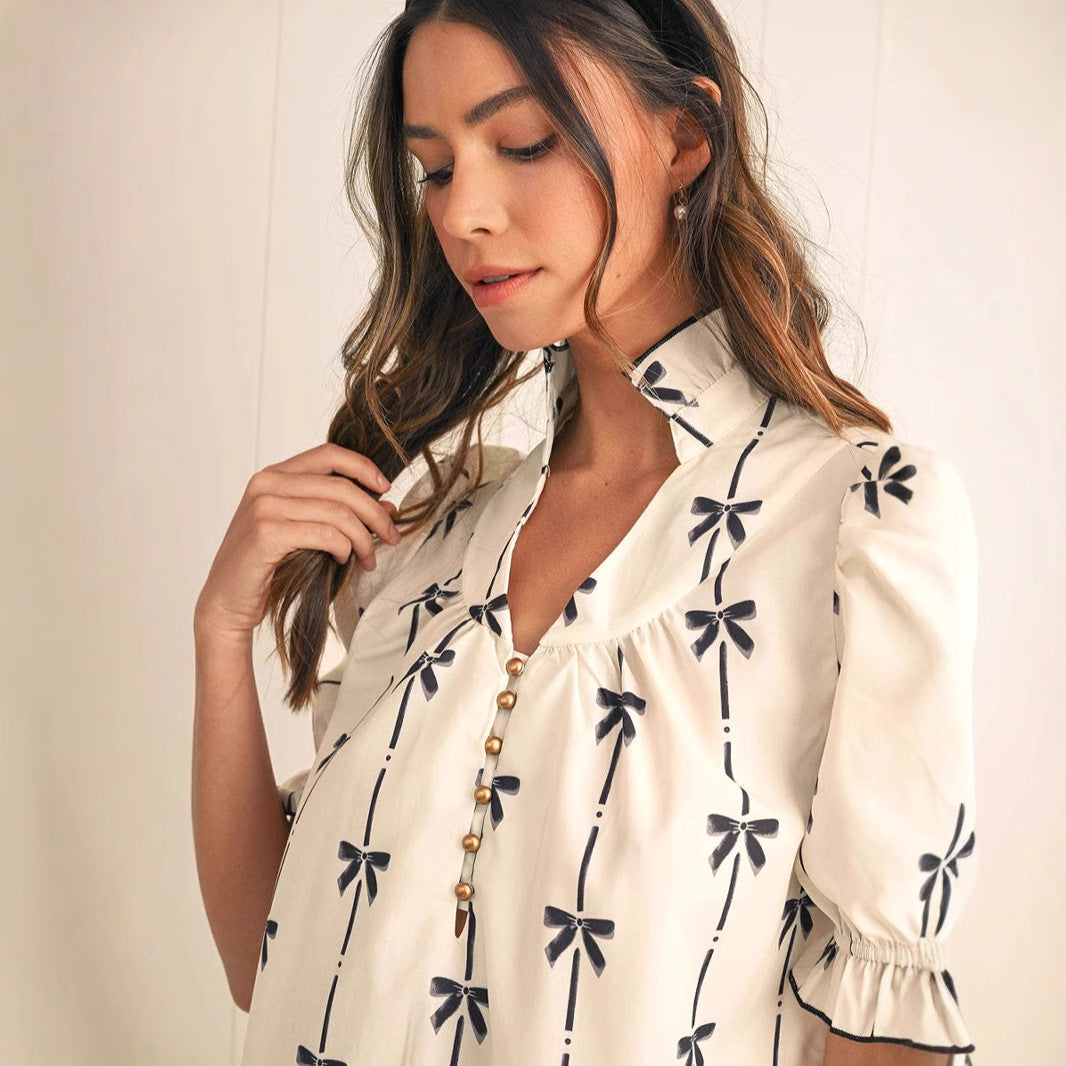Damen A-Linienkleid – Natürliche Fasern – Puffärmel – Schleifenmuster – Kurz丈