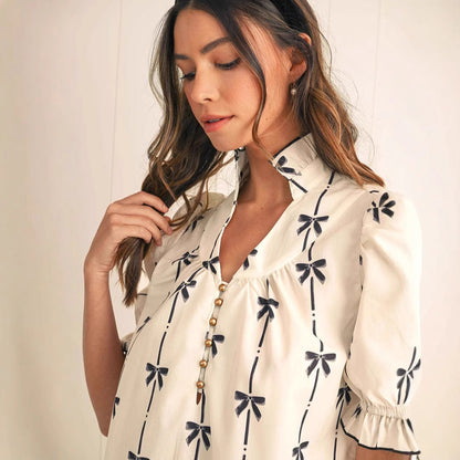 Damen A-Linienkleid – Natürliche Fasern – Puffärmel – Schleifenmuster – Kurz丈