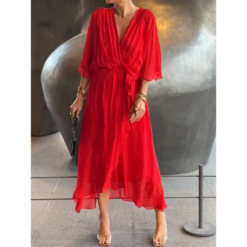 Damen Maxikleid – Lockerer Schnitt – Batwing Ärmel – Taillengürtel – Asymmetrischer Saum