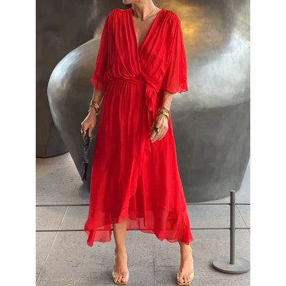Damen Maxikleid – Lockerer Schnitt – Batwing Ärmel – Taillengürtel – Asymmetrischer Saum