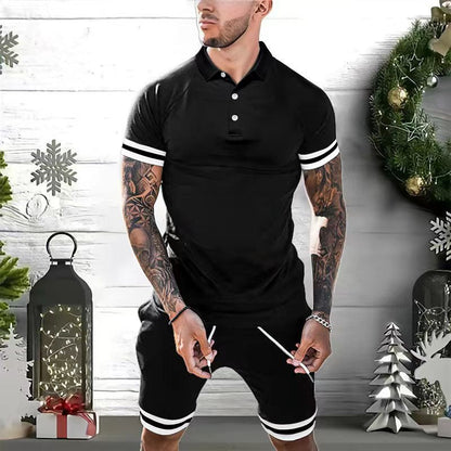 Herren Set – Poloshirt & Shorts – Slim Fit – Atmungsaktiv – Kurzarm – Sportliche Streifen – Elastischer Bund