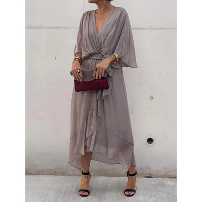 Damen Maxikleid – Lockerer Schnitt – Batwing Ärmel – Taillengürtel – Asymmetrischer Saum