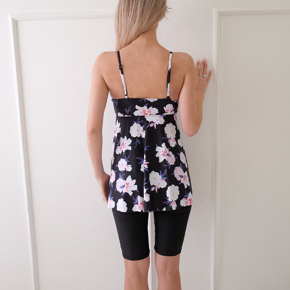 Damen Badeanzugkleid – A-Linie – Spaghettiträger – Blumenmuster – Integrierte Shorts