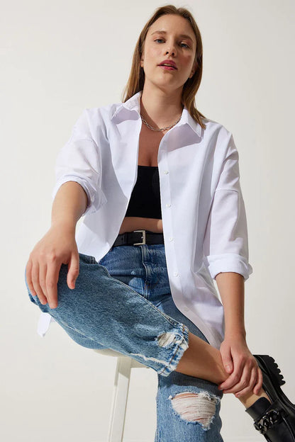Damen Bluse – Oversized Fit – Baumwollmix – Lange Ärmel – Button-Down Kragen