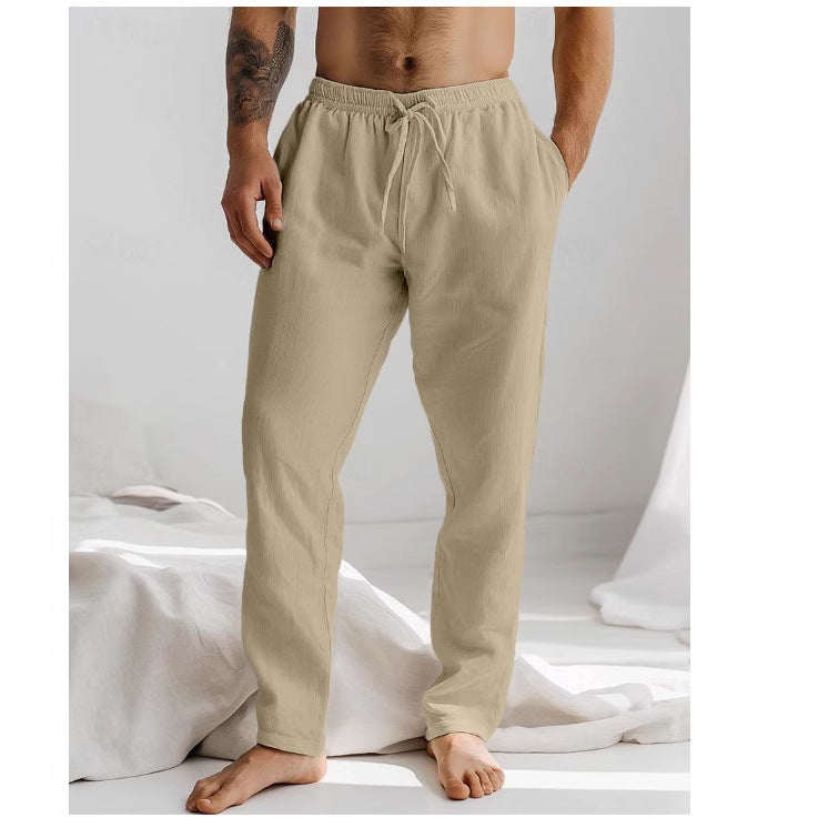 Herren Freizeithose – Lockerer Schnitt – Atmungsaktive Naturfaser – Lang – Kordelzug