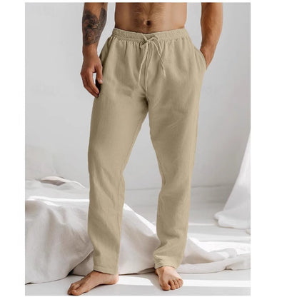 Herren Freizeithose – Lockerer Schnitt – Atmungsaktive Naturfaser – Lang – Kordelzug